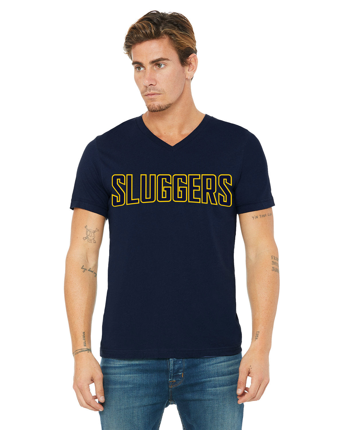 23SSL-3005CVC-BC Womens or Mens CVC Jersey V-Neck T-Shirt w/Mississippi Sluggers Logo