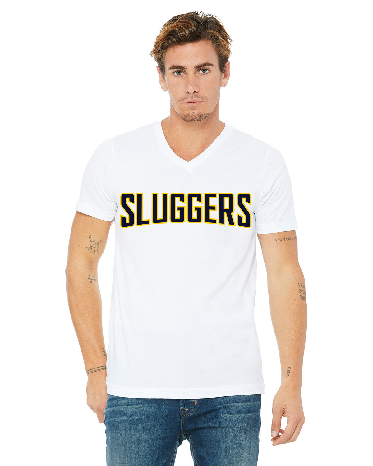 23SSL-3005CVC-BC Womens or Mens CVC Jersey V-Neck T-Shirt w/Mississippi Sluggers Logo